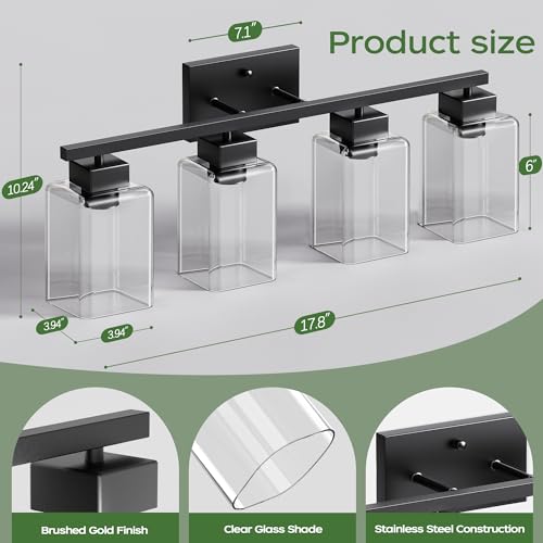 4-Light Bathroom Light Fixtures, Matte Black Modern Vanity Lights, Bathroom Lighting Fixtures Over Mirror, Square Design Farmhouse Wall Sconces with Clear Glass Shades - color: Matte Black, size: 4-Light
