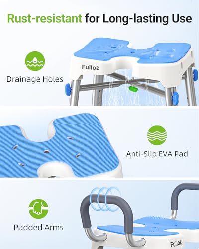 FULLOT H-Shaped Shower Chair for Easy Cleaning, Stable X-Bracing, 500 lbs | Heavy Duty Adjustable Shower Stool with Padded Back & Arms for Elderly & Disabled, Non-Slip Feet, Thicker Legs, Tool-Free