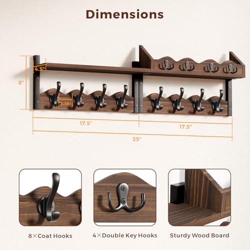 Coat Rack Wall Mount with Shelf, 4 in 1 Wood Entryway Shelf with 12 Hooks | Mail and Key Holder, Wall Mounted Coat Hanger for Bathroom, Living Room, Bedroom, Brown