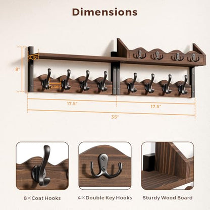 Coat Rack Wall Mount with Shelf, 4 in 1 Wood Entryway Shelf with 12 Hooks | Mail and Key Holder, Wall Mounted Coat Hanger for Bathroom, Living Room, Bedroom, Brown