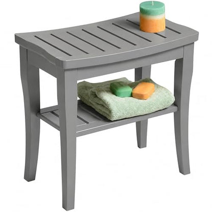 Bamboo Shower Bench, Gray Bathroom Wooden Stool Chair Seat with Storage | Compact 9 x 17 x 17 In, Great for Small Bathrooms, Non Slip Feet, Storage Shelf, Concave Seat, Holds Up to 250 lbs - color: Grey Standard