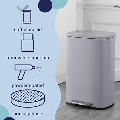 happimess Connor 2-Piece Iron Trash Can, Gloss Gray | 13.2 And 1.3 Gallons, Rectangular, Soft-Close Lid, Step Pedal, 20 Liners, 26" And 12" Height - color: Fog Gray