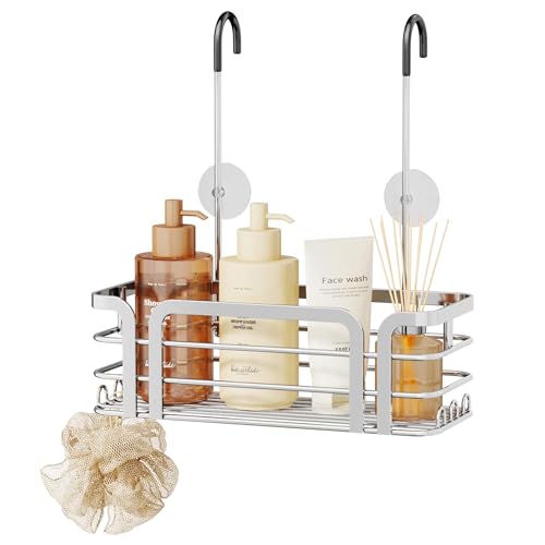 SWTYMIKI Shower Caddy Hanging Organizer - Over the Door Shower Caddy with 6 Hooks, 2 Installation Ways, Stainless Steel Rustproof Bathroom Organizer, Silver - color: Silver-1 tier