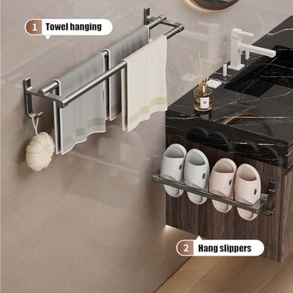 Double Towel Bar with Hooks, Sticky Towel Holder, Bathroom Towel Bar, Rustproof Towel Holder, Sturdy Towel Bar Wall Mounted for Bathroom, Kitchen (40cm) - size: 40cm