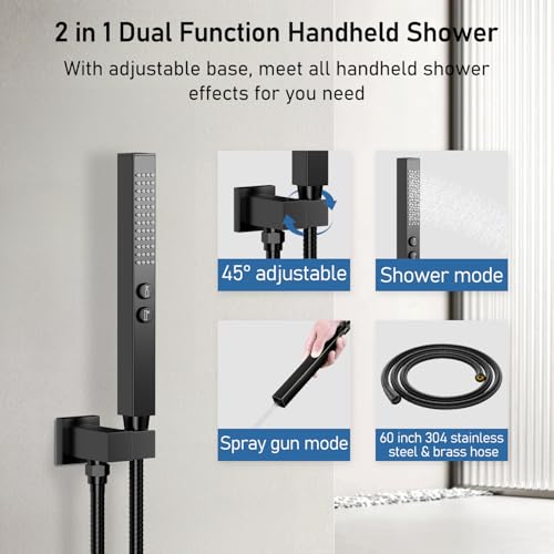 Thermostatic Shower System Matte Black, STARBATH Shower Faucets Sets 12+ 6" Wall Mount Rain Shower and 2 in 1 Handhled, Can Use All at Once, Push Button 3 Modes Valve and Trim Kit Complete Shower Set - color: Matte Black, size: 6+12 inch-12