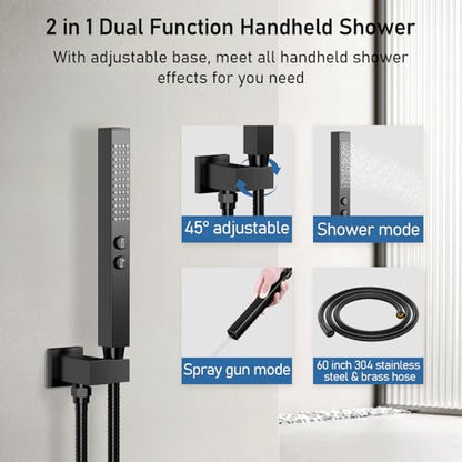 Thermostatic Shower System Matte Black, STARBATH Shower Faucets Sets 12+ 6" Wall Mount Rain Shower and 2 in 1 Handhled, Can Use All at Once, Push Button 3 Modes Valve and Trim Kit Complete Shower Set - color: Matte Black, size: 6+12 inch-12