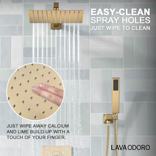 Lava Odoro Modern 3-Setting Square Shower and Tub Faucet Set with Shower Head and Handheld Sprayer Gold, Rainfall Shower System with Tub Spout, Shower Valve Trim Kit, Champagne Gold, SF103-CB-T - color: Champagne Gold, style: With Tub Spout