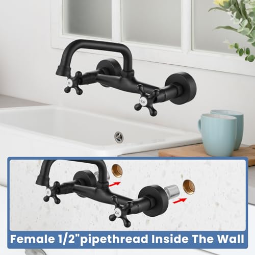 Airuida 8 Inch Center Matte Black Wall Mount Kitchen Sink Faucet | Double Cross Handle,Adjustable Center,6 Inch(15cm) Spout - color: Matte Black