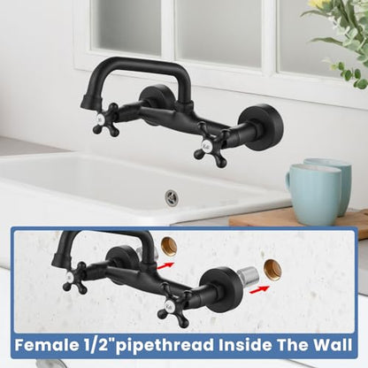 Airuida 8 Inch Center Matte Black Wall Mount Kitchen Sink Faucet | Double Cross Handle,Adjustable Center,6 Inch(15cm) Spout - color: Matte Black