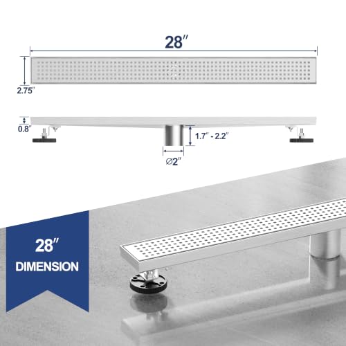 Neodrain 28" Linear Shower Drain, Brushed 304 SS Bathroom Linear Drain,cUPC | Brushed Nickel Shower Drain with Quadrato Grate& Adjustable Feet, Long Rectangle Shower Floor Drain in Bathroom, Balcony etc - color: Brushed Nickel, size: 28 In