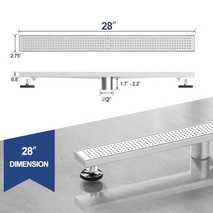 Neodrain 28" Linear Shower Drain, Brushed 304 SS Bathroom Linear Drain,cUPC | Brushed Nickel Shower Drain with Quadrato Grate& Adjustable Feet, Long Rectangle Shower Floor Drain in Bathroom, Balcony etc - color: Brushed Nickel, size: 28 In