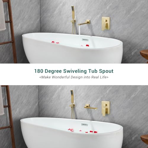 DASAN Swiveling Wall Mount Tub Filler Faucet Set with Hand Held Shower, Brushed Gold Modern Creative Bathtub Faucet Wall Mounted Bath Tub Faucet with High Flow Rough in Valve, SA-TF05WH-BG - color: Brushed Gold