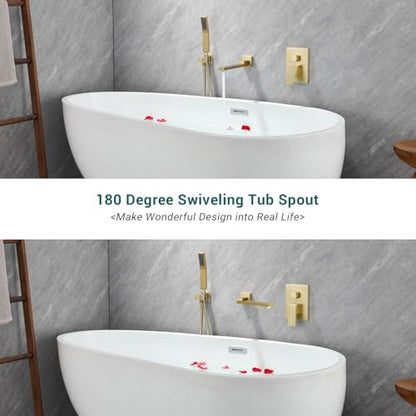 DASAN Swiveling Wall Mount Tub Filler Faucet Set with Hand Held Shower, Brushed Gold Modern Creative Bathtub Faucet Wall Mounted Bath Tub Faucet with High Flow Rough in Valve, SA-TF05WH-BG - color: Brushed Gold