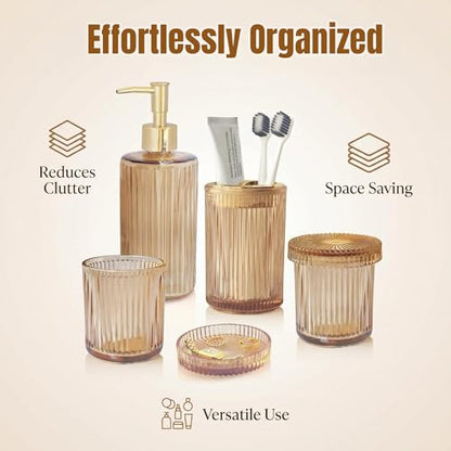 4 Pcs Brown Bathroom Accessories Set, Glass Bathroom Set, Soap Dispenser, Toothbrush Holder, Qtip Holders, Modern Bathroom Decor, Housewarming Gift Set （Amber Brown） - style: 4 pcs Brown