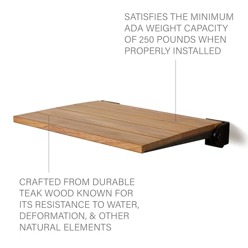 Seachrome 18 inch Silhouette Slimline Folding Wall Mount Shower Bench Seat, Natural Teak Wood with Matte Black Frame - color: Teak Wood With Matte Black Frame