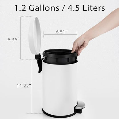 TIPGO Small Bathroom Trash Can with Lid Soft Close, 1.2 Gal, White | Hands-Free Step Pedal, Removable Inner Bucket, 4.5 Liters, Round Stainless Steel Garbage Can for Bedroom, Office, Kitchen - color: White