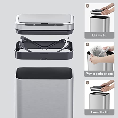 ELPHECO Stainless Steel Office Trash Can 6.6 Gallon Motion Sensor Garbage Bin Rectangular Automatic Touch Free Waste Bin for Hotel and Living Room | Automatic Garbage Bin Rectangular Touch Free Waste Bin for Hotel and Living Room, 2AA - color: Silver