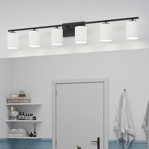 Progress Lighting Replay Collection 48 in. 6-Light Textured Black Etched White Glass Modern Bath Vanity Light - color: Textured Black, size: 6-Light