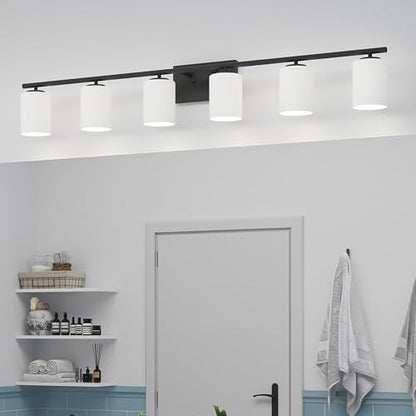 Progress Lighting Replay Collection 48 in. 6-Light Textured Black Etched White Glass Modern Bath Vanity Light - color: Textured Black, size: 6-Light