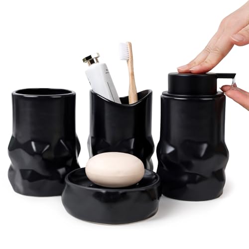 BosilunLife Modern Ceramic Bathroom Accessories Set, Bathroom Counter Set Matte Black Bathroom Decor Sets Accessories Bathroom Lotion Soap Dispenser, Toothbrush Holder Set, Soap Dish, Apothecary Jars - color: Black-liquid-sculpt-4pcs