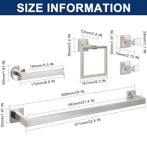 NearMoon 5 Pieces Bathroom Hardware Set 304 Stainless Steel, Square Towel Rack Kit - 24" Towel Rod + Towel Ring + Toilet Paper Holder + 2 Robe Hooks, Wall Mounted Bath Accessories (Brushed Nickel) - color: Brushed Nickel