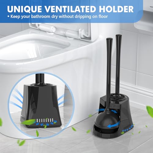 LOVLOY Toilet Plunger and Brush, Bowl Brush and Heavy Duty Toilet Plunger Set with Ventilated Holder, 2-in-1 Toilet Brush and Plunger Combo for Bathroom Cleaning (2 Pack, Black) - color: Black