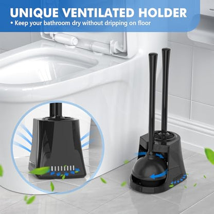 LOVLOY Toilet Plunger and Brush with Holder, Bowl Brush and Heavy Duty Toilet Plunger Set with Ventilated Holder, 2-in-1 Toilet Brush and Plunger Combo for 5.3-inch Toilet Drain New Pack (Black, 1) - color: Black