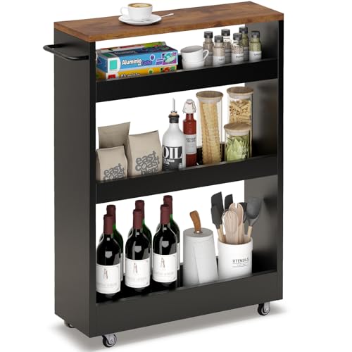 TEAMIX Wood 4-Tier Slim Rolling Storage Cart, 7.9"W, 24.8"D, 36.7"H, Black | Height Adjustable, 360°Swivel Wheels, Deeper & Taller, Use as Narrow Kitchen Cart, Laundry Organizer Between Washer & Dryer - color: Black