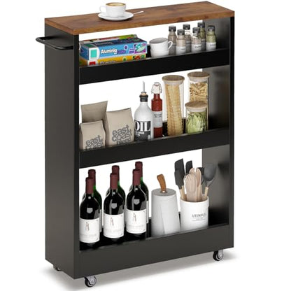 TEAMIX Wood 4-Tier Slim Rolling Storage Cart, 7.9"W, 24.8"D, 36.7"H, Black | Height Adjustable, 360°Swivel Wheels, Deeper & Taller, Use as Narrow Kitchen Cart, Laundry Organizer Between Washer & Dryer - color: Black
