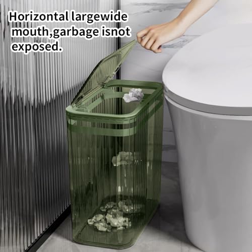 Bathroom Trash Cans with Lids, 3.5 Gallon (Green) | Garbage Can for Bedroom, Office, Plastic Slim Waste Basket with Press Top Lid, 15L Clear Trash Bin for Home, Kitchen - color: Green, style: Side Opening