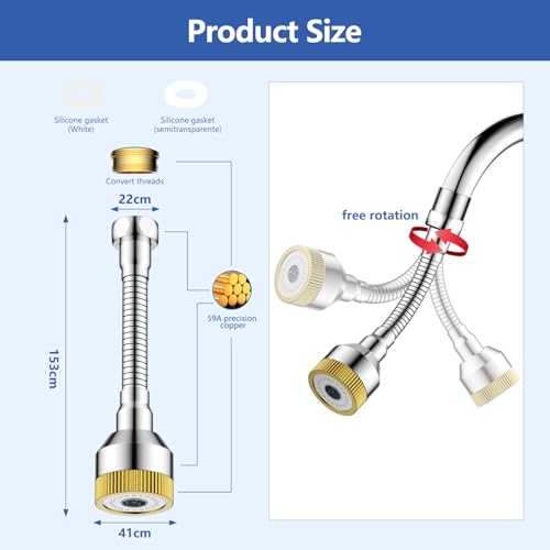 Faucet Sink Aerator/Extender/Sprayer/nozzle,Faucet Attachment Replacement for Bathroom&Kitchen, Anti-slip Swivel Aerator with 55/64" Threaded Adapter (Long-length silver) - color: Long-length silver