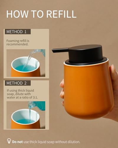 Bosilunlife 12Oz Ceramic Foam Soap Dispenser for Bathroom Kitchen Counter | Premium countertop foam pump creates delicate dense foam, stable desktop placement, Orange - color: Orange
