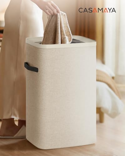 CASAMAYA Laundry Basket with Lid, Slim Laundry Hamper, 65L collapsible Laundry Organizer, Easy Assembly, with Handles and Removable Liners, 15.4 x 8.7 x 29.5 Inches, Beige JSP901M - color: Beige, size: 65L(1-Section)