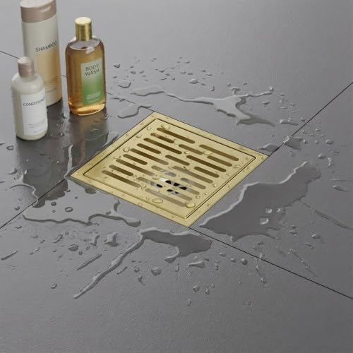 EXF Square Shower Floor Drain 6 Inch Brushed Gold | 304 Stainless Steel, ABS Flange, Anti-Clog, Removable Brick Pattern Drain Cover, with Hair Catcher