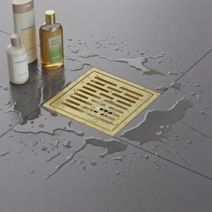 EXF Square Shower Floor Drain 6 Inch Brushed Gold | 304 Stainless Steel, ABS Flange, Anti-Clog, Removable Brick Pattern Drain Cover, with Hair Catcher