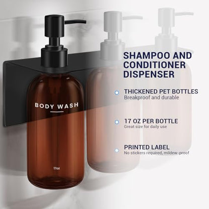 Shampoo Conditioner Body Wash Dispenser Bonus Soap Dish and Hook, Amber | 17 fl oz Set of 3 Amber Plastic Bottles with Black Pumps, Drill Free Adhesive Bathroom Organizer, Dorm Room Essentials
