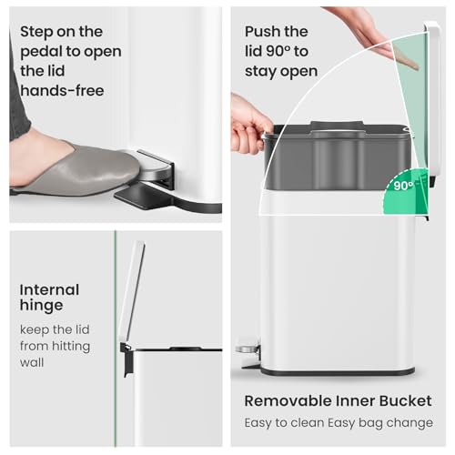 Cesun 2.6 Gallons Small Bathroom Trash Can with Lid Soft Close, White | Removable Inner Bucket, Small Stainless Steel Garbage Can for Bedroom/Office, Hands-Free Step Pedal, Fingerprint-Resistant - color: White