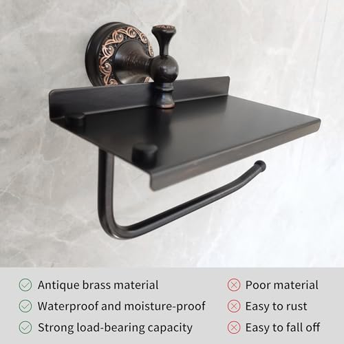 Oil Rubble Bronze Brass Bath Toilet Paper Holder with Phone Shelf, Wall Mounted Black Bathroom Hardware Accessories, Pattern Carving Design - color: Toilet Paper Holder With Shelf