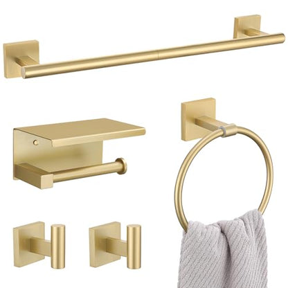 Lairuier Bathroom Hardware Set Brushed Gold, Towel Holder Set Wall Mounted | Bathroom Accessories Set, SUS304 Stainless Steel 23.6" Towel Bar, Toilet Paper Holder with Shelf, Towel Ring and Towel Hooks - color: Brushed Gold, size: 5 Pieces - With Shelf