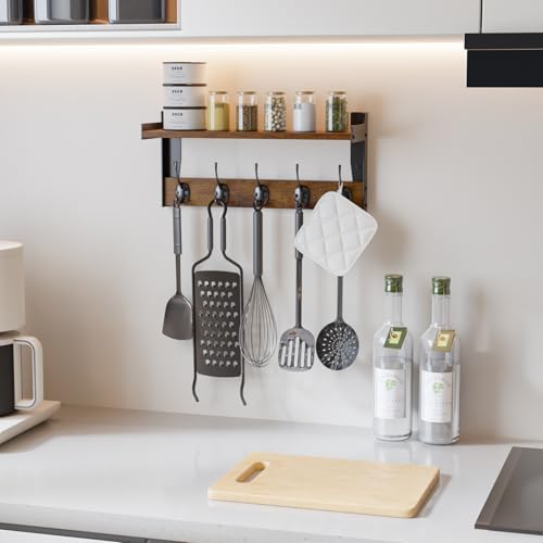 Wall Hooks with Shelf, Wood Coat Rack with Shelf Wall-Mounted, Entryway Hanging Shelves with 5 Metal Hooks for Clothes Hats Towel Purse Robes, Bathroom Mudroom Bedroom, Rustic Brown - size: 16 inch Long
