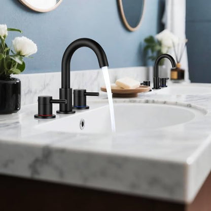 FGKQ 3-Hole 2-Handle Widespread Bathroom Sink Faucet, Matte Black | Stainless steel, pop-up drain included, 360°swivel spout, for vanity sink 3-hole mount, 8-in widespread - color: 1-Black