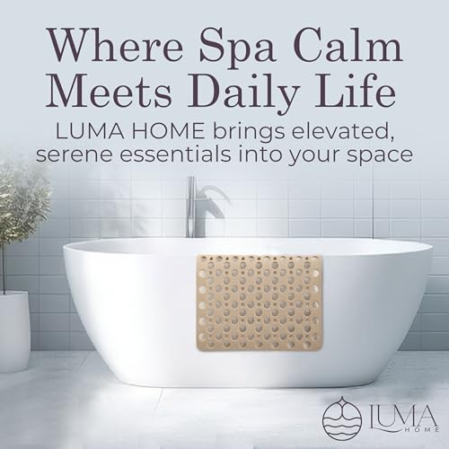 Non Slip Shower Mat for Bathtub, Beige TPE Bath Mat with Strong Suction Cups, Quick-Dry Drain Holes, Soft Textured Surface, Spa-Inspired, 30x17 Inch