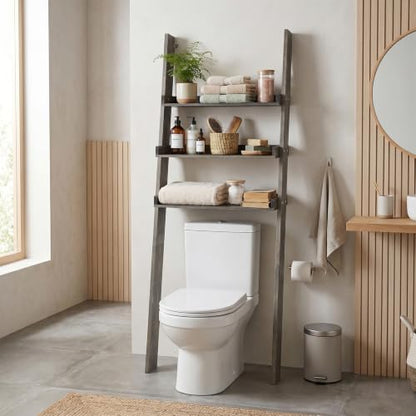 MyGift Over The Toilet Storage Ladder Shelf, 3 Tier Wood Bathroom Organizer, Above The Storage Shelves Leaning Rack Stand Gray