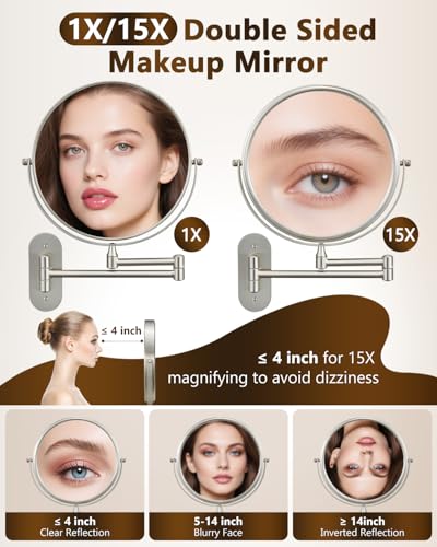 DECLUTTR 9 Inch Wall Mounted Makeup Mirror, 15X Magnification Double Sided Swivel Extendable Bathroom Mirror - color: Brushed Nickel