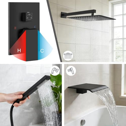 Midanya Shower System with Tub Spout,Bathtub Shower Faucet Set with Square Rainfall Head and Handheld Sprayer Wall Mount Tub Faucet Set with Valve and Trim Kit,16 Inch Matte Black - color: Matte Black, size: 16 Inch