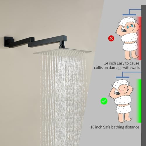 18.5 Inches Straight Extended Pivoting Shower Arm With Flange, Rain Shower Head Extension Arm, Square 360°Swiveling Foldable Shower Arm, Wall-Mounted Matte Black Stainless Steel ﻿