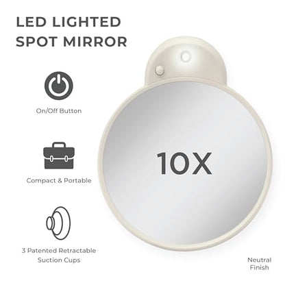 Zadro Magnification Lighted Compact Mirror with LED Light & Retractable Suction Cups – Travel Makeup Mirror, Cool White 6400K Lighting, Battery Operated, Made in USA (Neutral, 10X | 4.3" L x 3.5" W) - color: Neutral