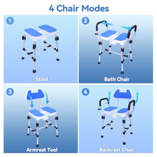 U-Shaped Shower Chair, 400 lbs Capacity, Adjustable Height Bath Seat, Blue | Shower Chair with Removable Back and Arms, Non-Slip Feet Bath Seat for Inside Shower, Shower Stool for Elderly and Disabled