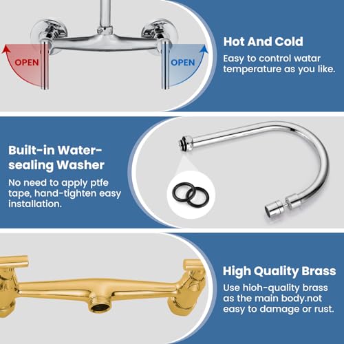 Airuida 8 Inch Center Chrome Polish Wall Mounted Kitchen Sink Faucet | 360° Degree Swivel Spout,Double Handle,Wall Mount Utility Sink Faucet - color: Chrome Polish