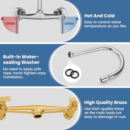 Airuida 8 Inch Center Chrome Polish Wall Mounted Kitchen Sink Faucet | 360° Degree Swivel Spout,Double Handle,Wall Mount Utility Sink Faucet - color: Chrome Polish